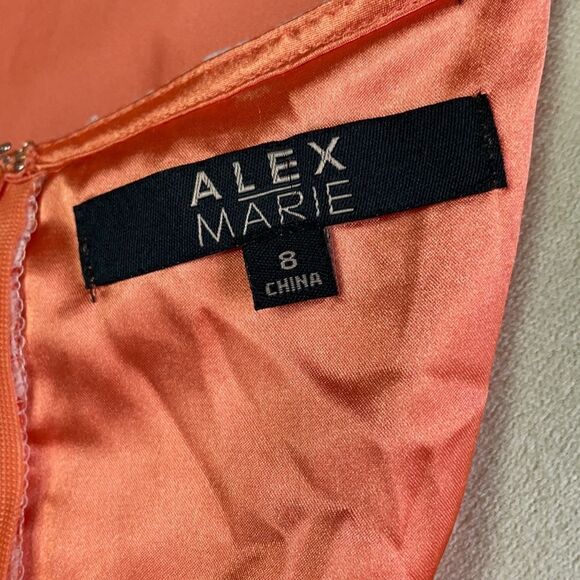 Alex Marie Peach Dress with White Lace Overlay, Cap Sleeves (Size: 8) - Picture 10 of 15